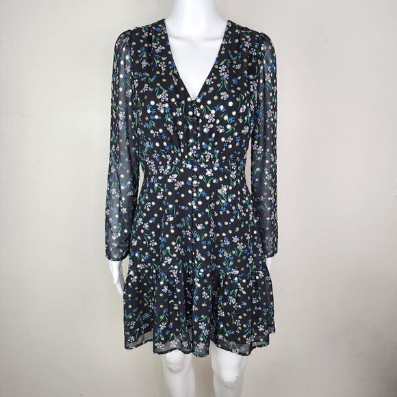 NWOT Yumi Kim V Neck Fit and flare Floral Metallic Dot Mini Dress Black Small - Picture 1 of 14